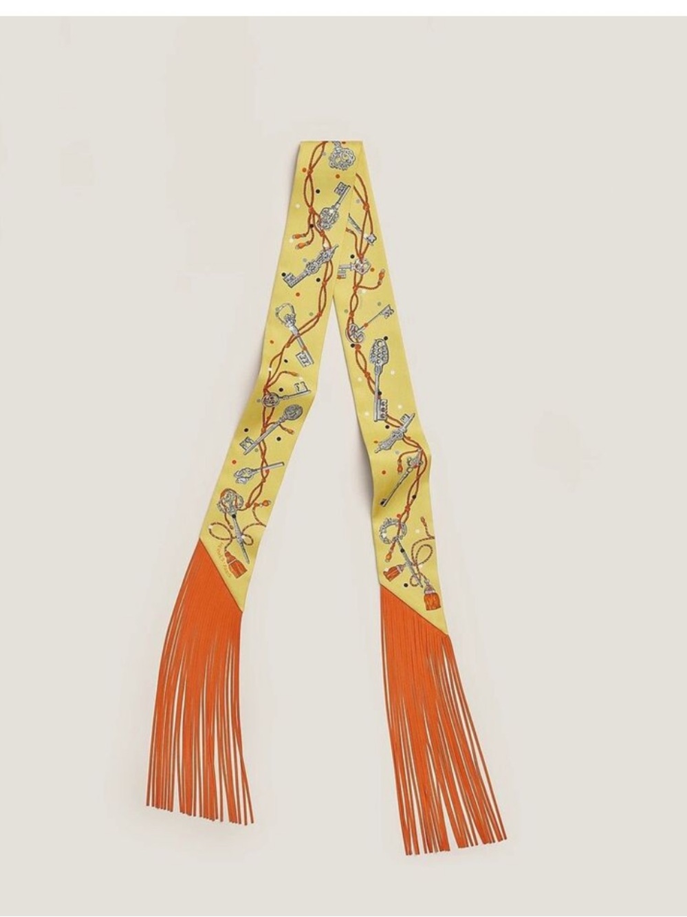 Hermes Yellow Silk Twilly with Orange Fringe